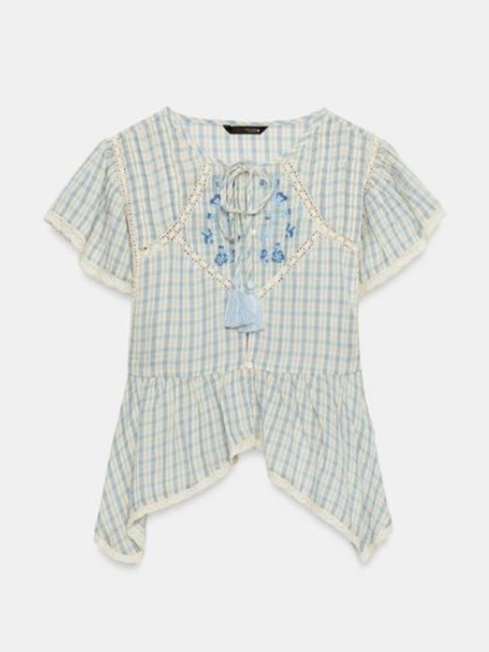 Zara Blue and White Plaid Tassel Peasant Top